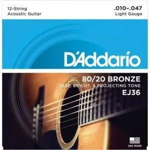 D'Addario EJ36 Bronze 80/20 (10-47) Комплект струн для 12-струнной акустической гитары.